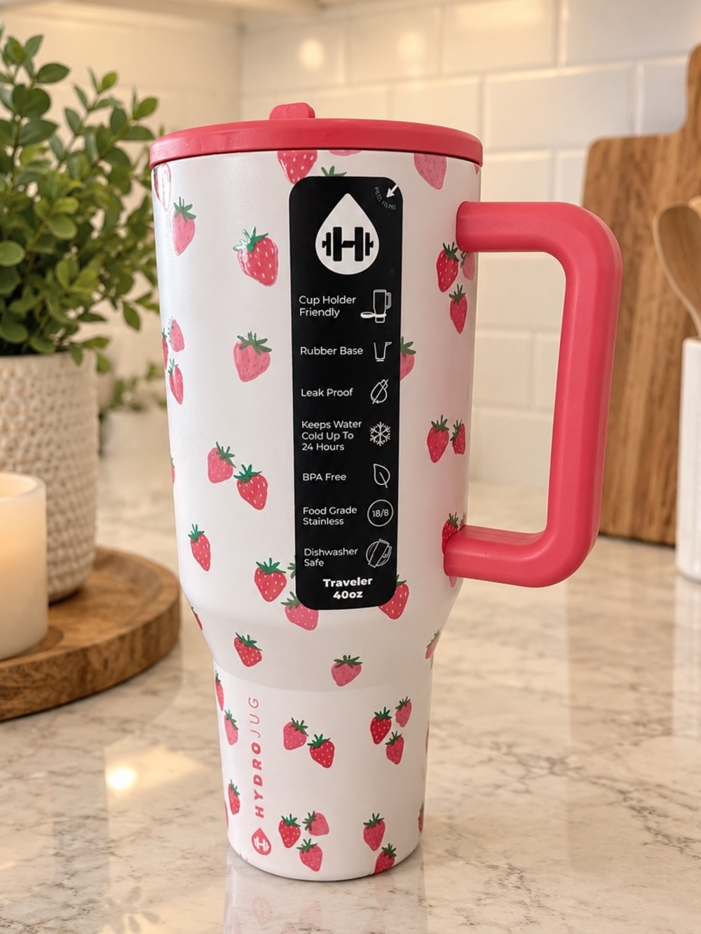 HydroJug Berry Cute Strawberry Print 40oz Traveler Tumbler NWT